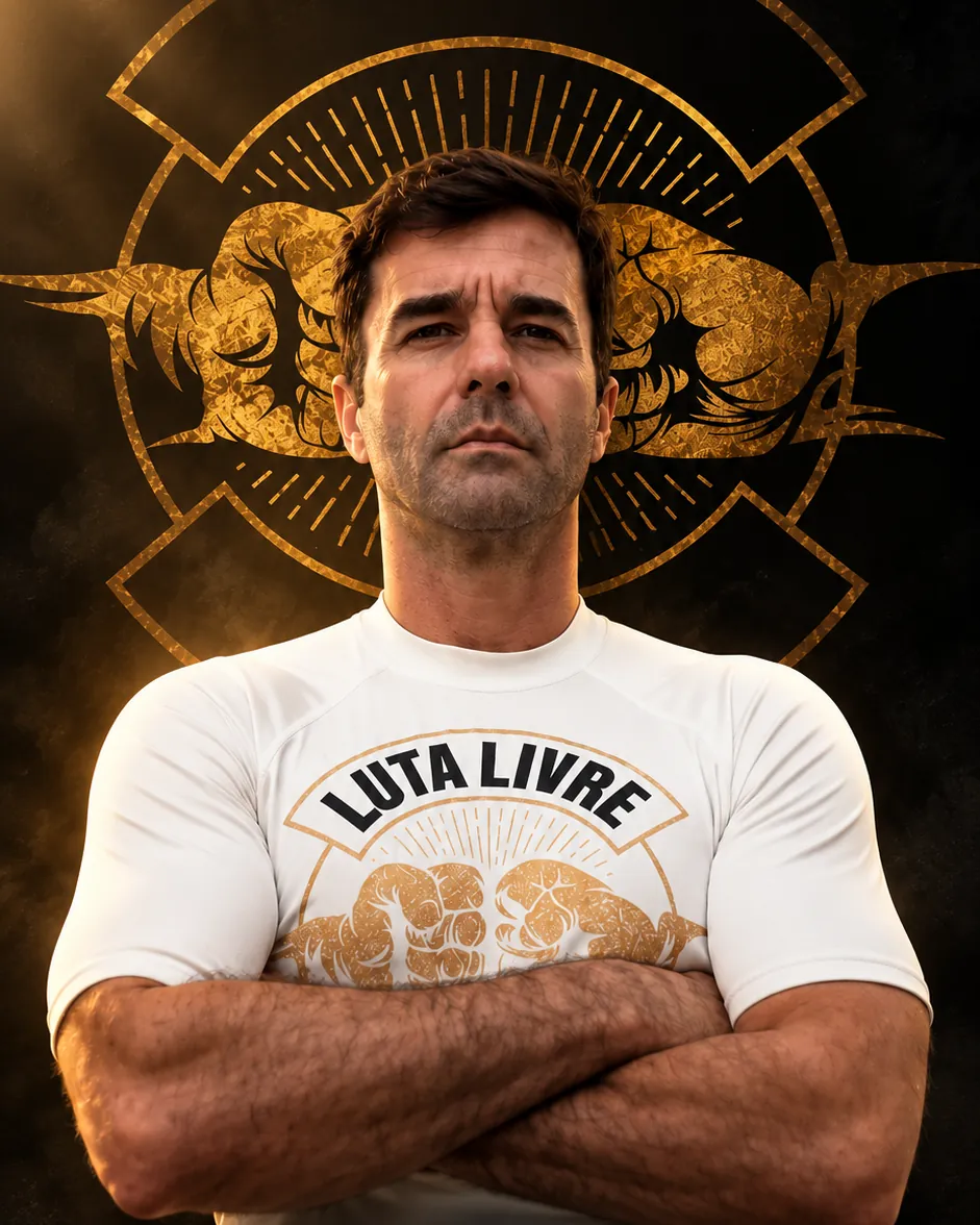 Professor Alexandre Guarda de braços cruzados, com rashguard branca do Luta Livre, diante do símbolo dourado da marca