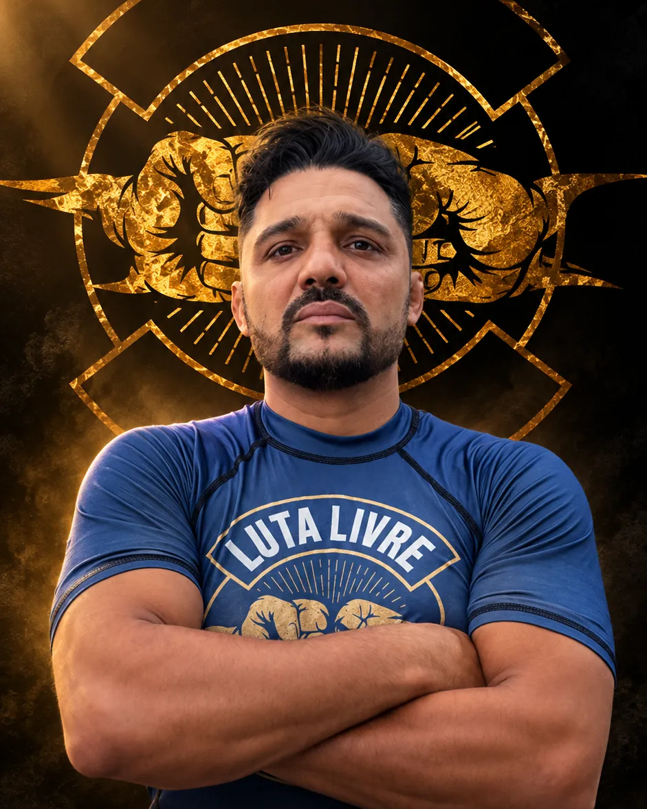 Mestre Alexandre Pequeno de braços cruzados, com rashguard azul do Luta Livre, diante do símbolo dourado da marca